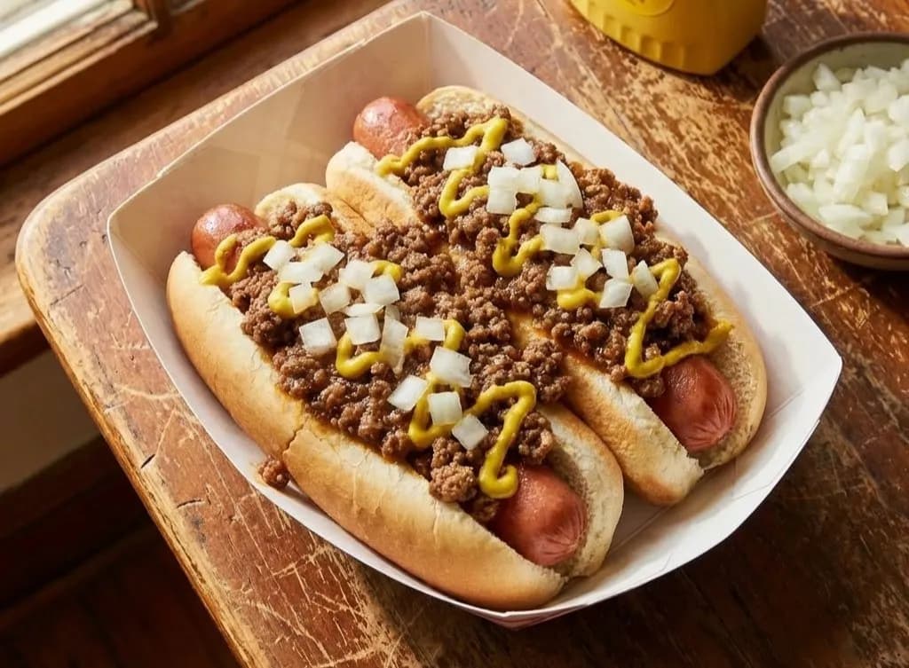 Coney Island hot dogs with Original ChiliStation Topping, mustard and diced onions