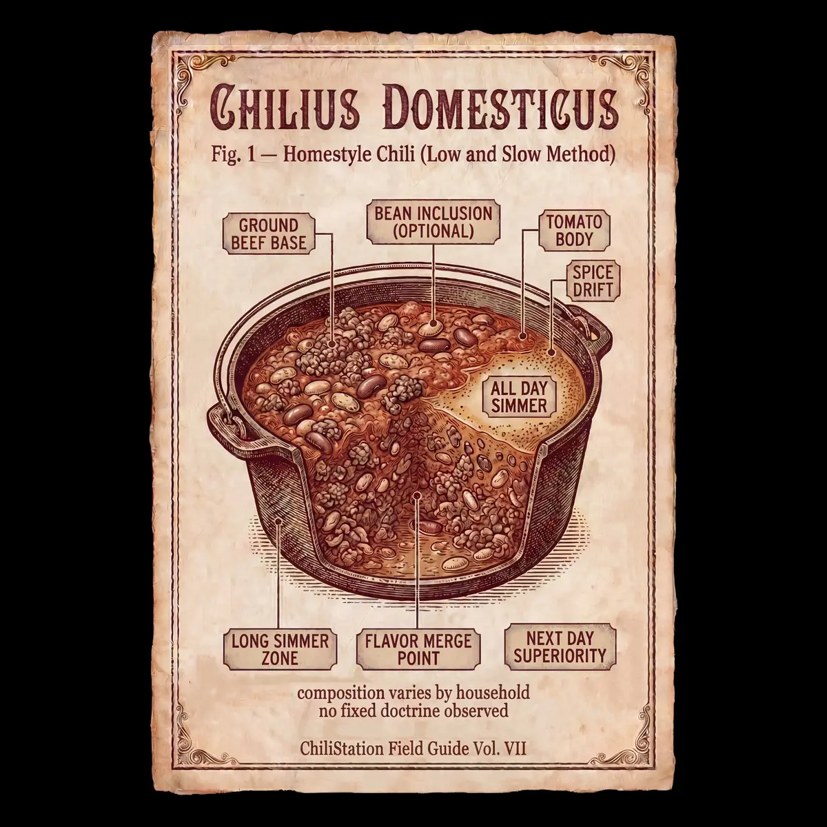 Classic homestyle chili diagram with beans, beef, tomatoes, and spices