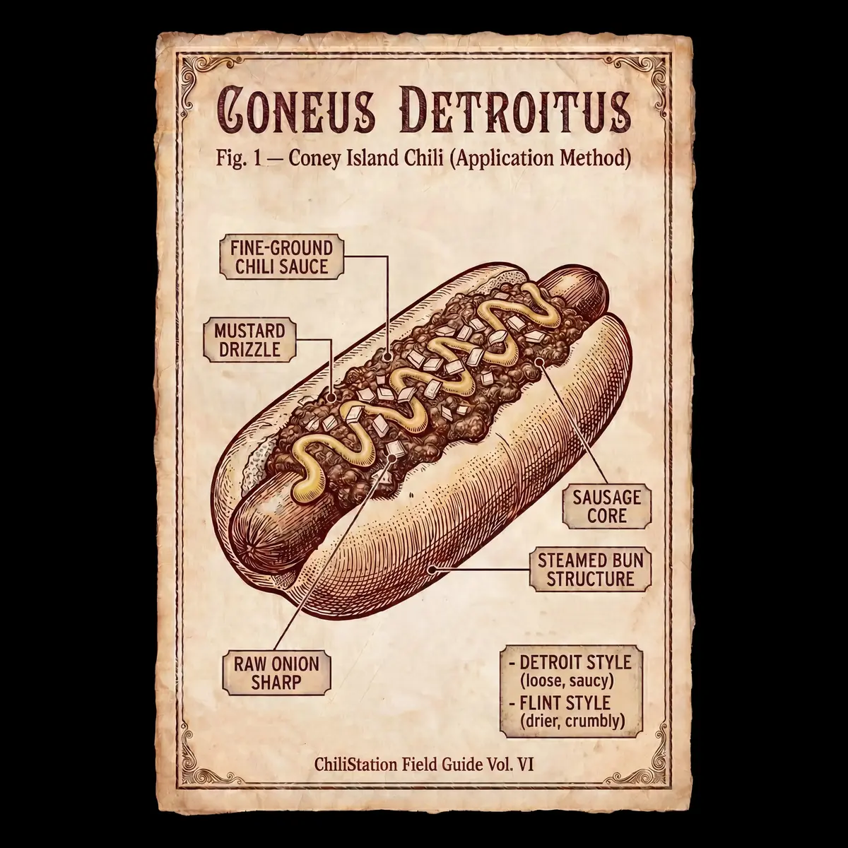 Detroit coney dog chili diagram showing fine textured hot dog chili sauce