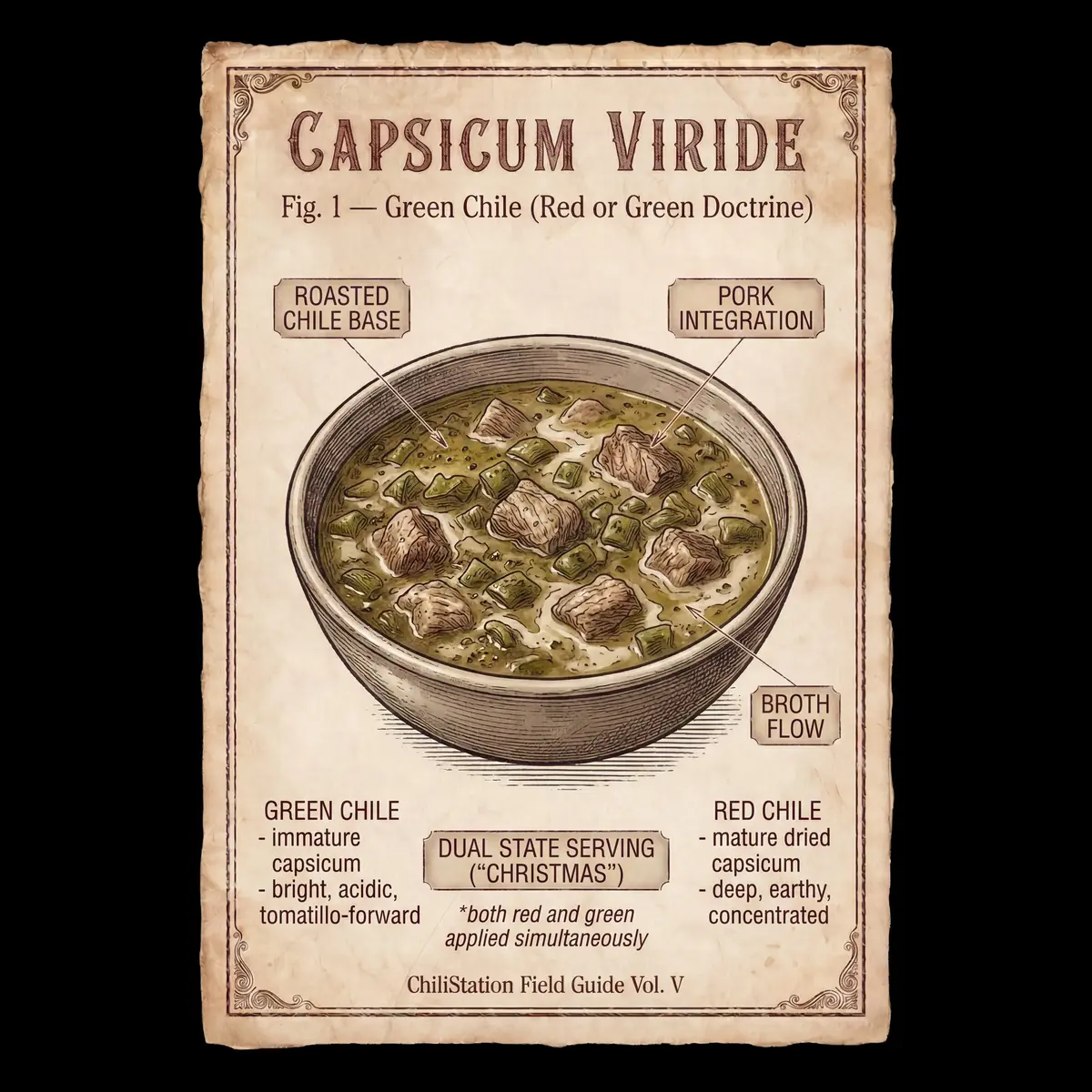 Green chili stew diagram made with Hatch chiles showing fresh pepper chili style