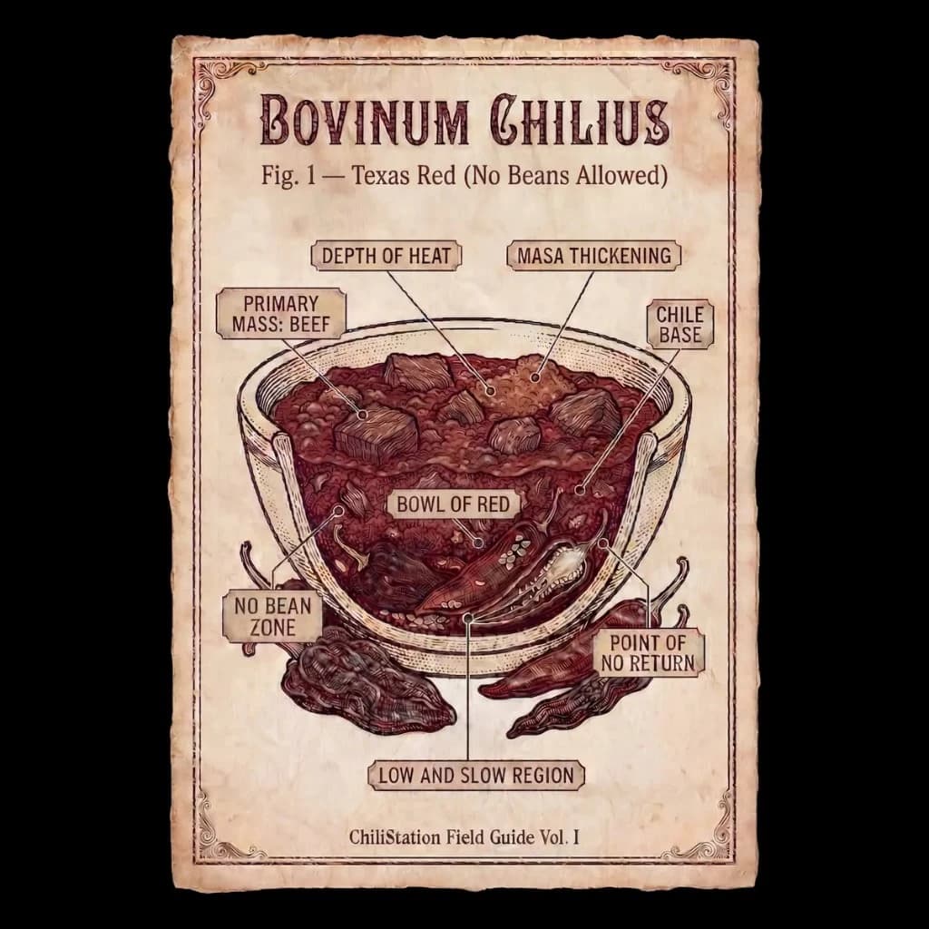 Texas Red chili diagram showing no beans chili with beef and dried chiles