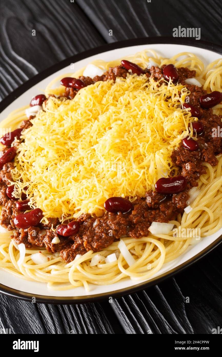 Cincinnati 5-way chili over spaghetti with cheese