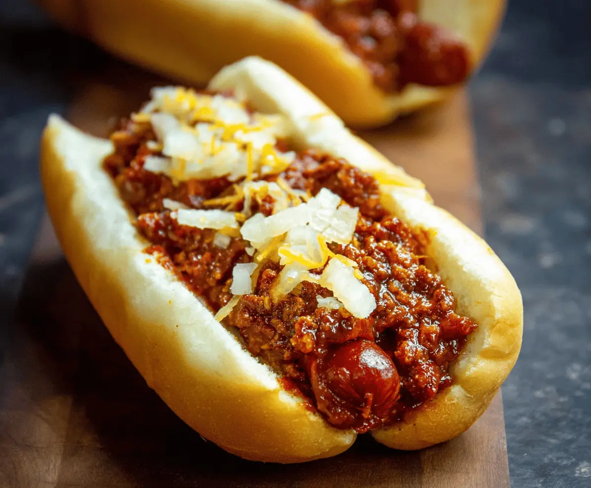 Coney Island hot dog with chili sauce and onions