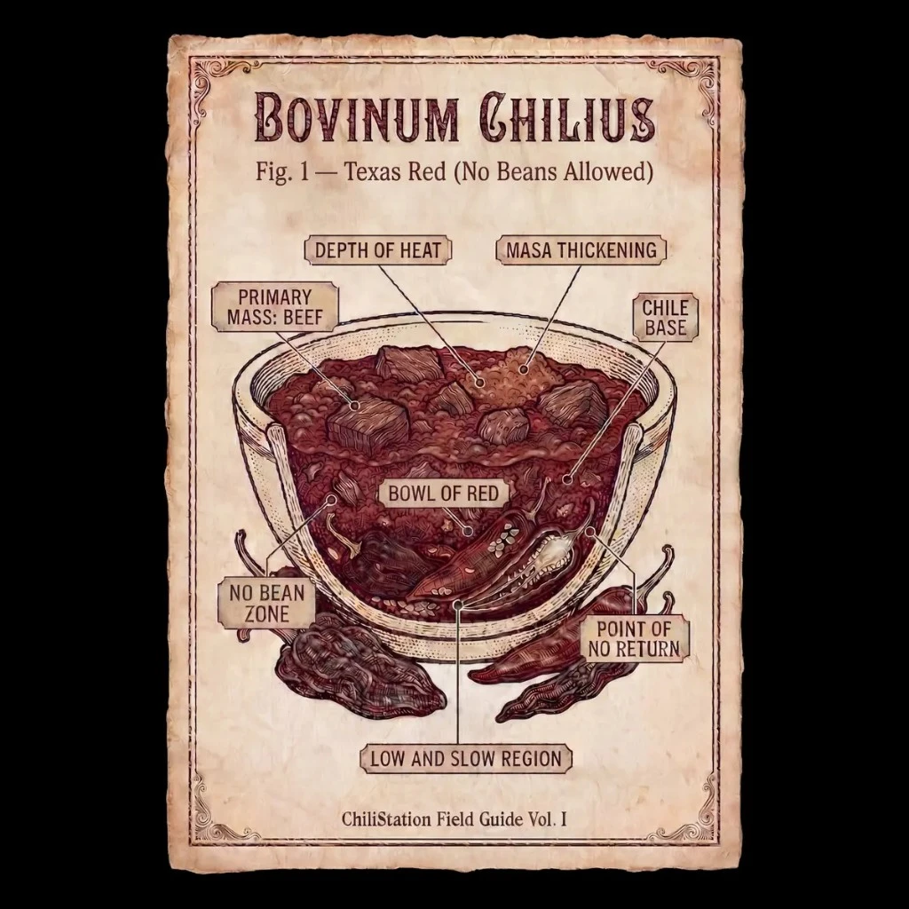 Field guide plate: Bovinum Chilius — Fig. 1 Texas Red (No Beans Allowed), ChiliStation illustration